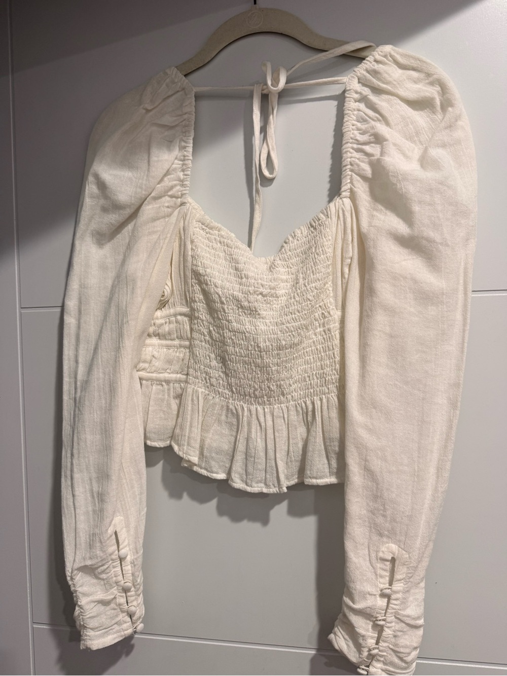 Free People Cream Smocked Peplum Long Sleeve Tie-Back Top